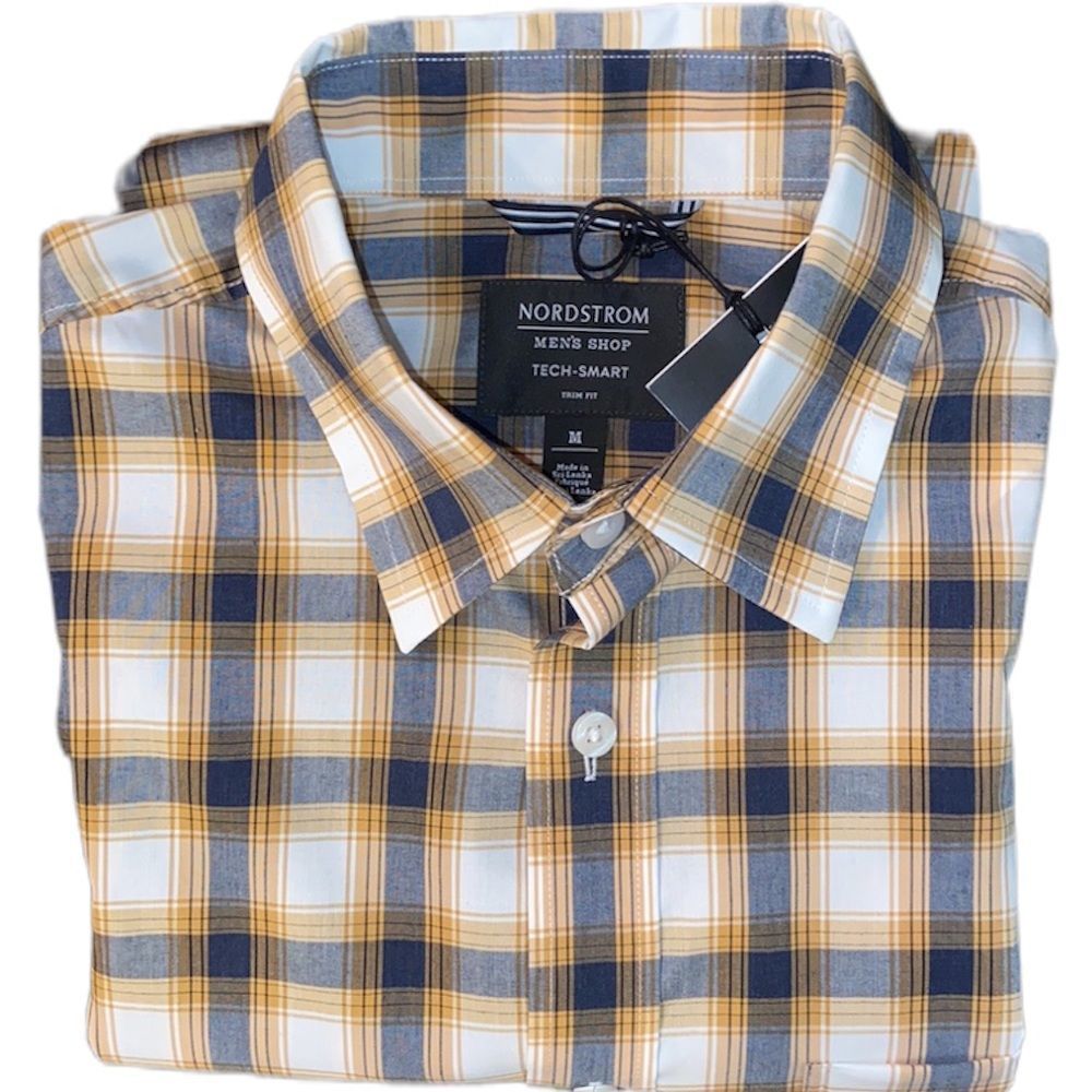 Nordstrom Men’s Tech Trim Fit Plaid Button up Shirt Tan Cinnamon Size Medium